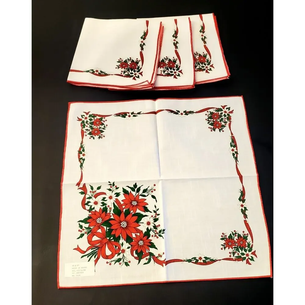 Vintage Print Napkins Set Of 4, Christmas Holly bows ribbons 17 X 17 NEW!